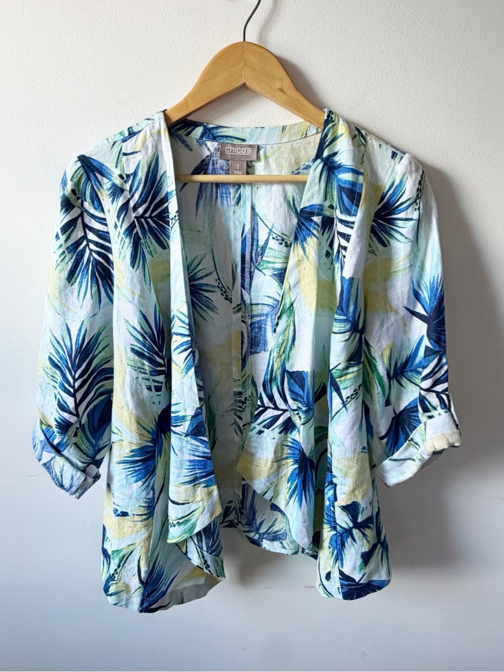Chico's Linen White Open-Front Palm Leaf Tunic with Blue & Green Print